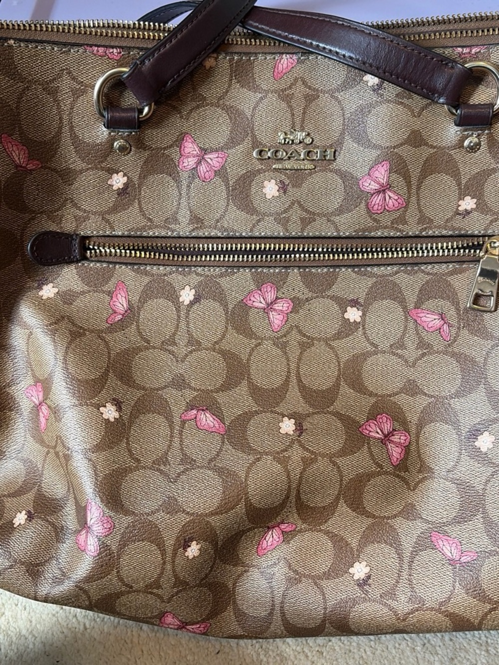 Coach Brown Signature Tote with Pink Butterfly Accents